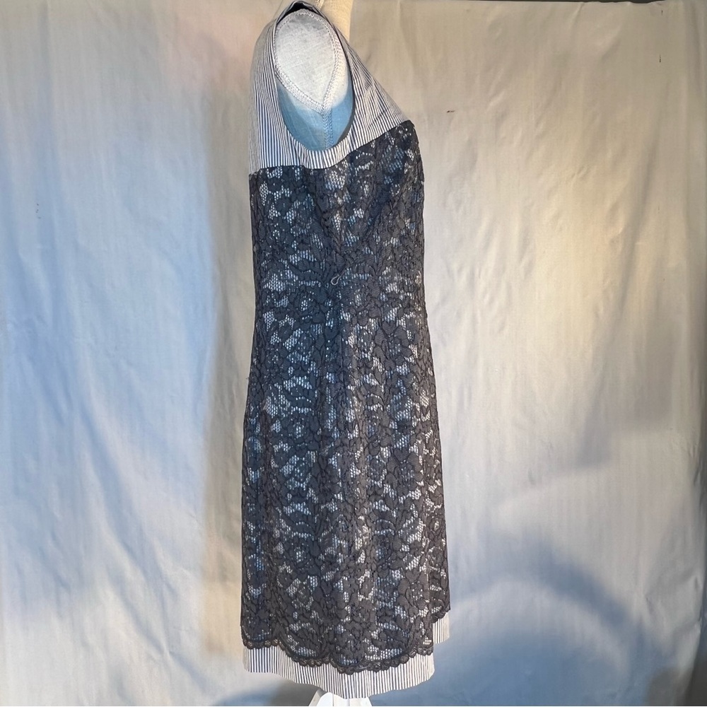 Maggie London Dress Gray White Gingham Trim & Lace Overlay Sleeveless Sheath 12👍 - Picture 6 of 8